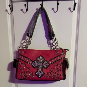 Hot Pink cross rhinestone Y2K shoulder bag